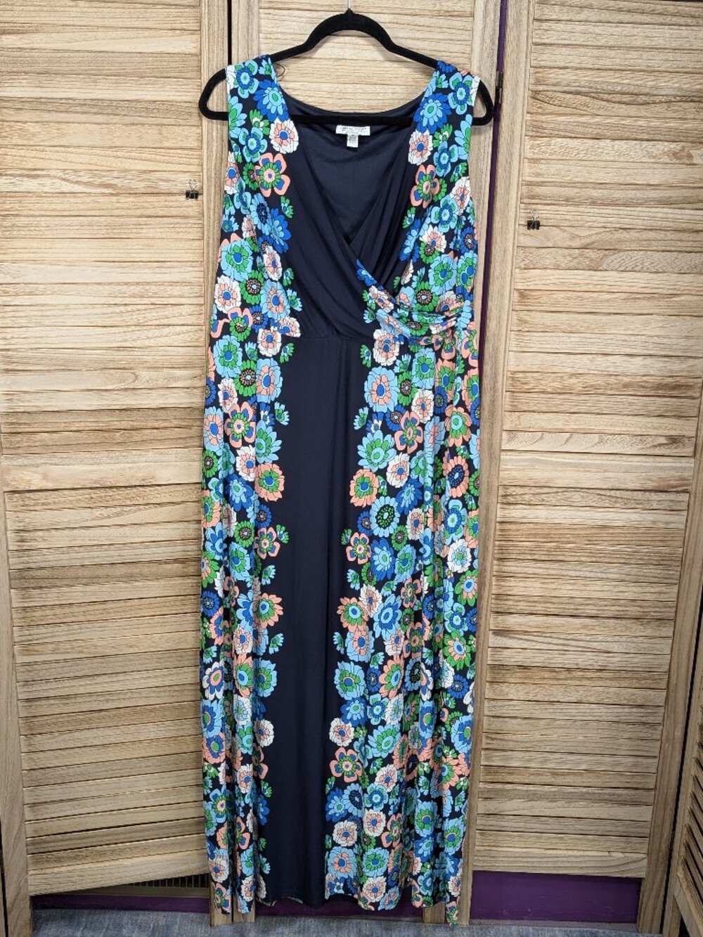 London Style Sleeveless Floral Maxi Dress Navy Blue & Green Flowers Size 1X